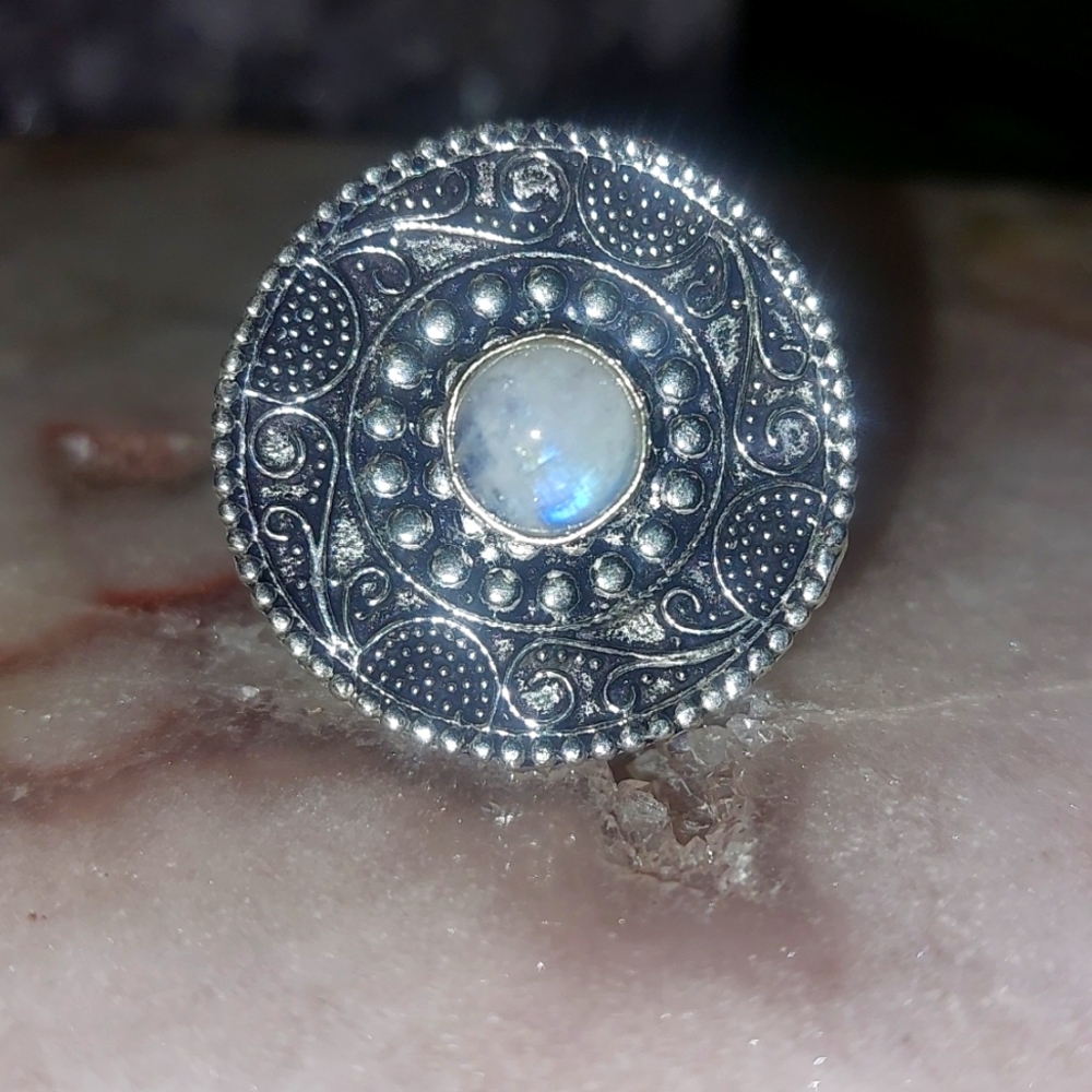 Moonstone Mandala Silver Ring Size 8.5